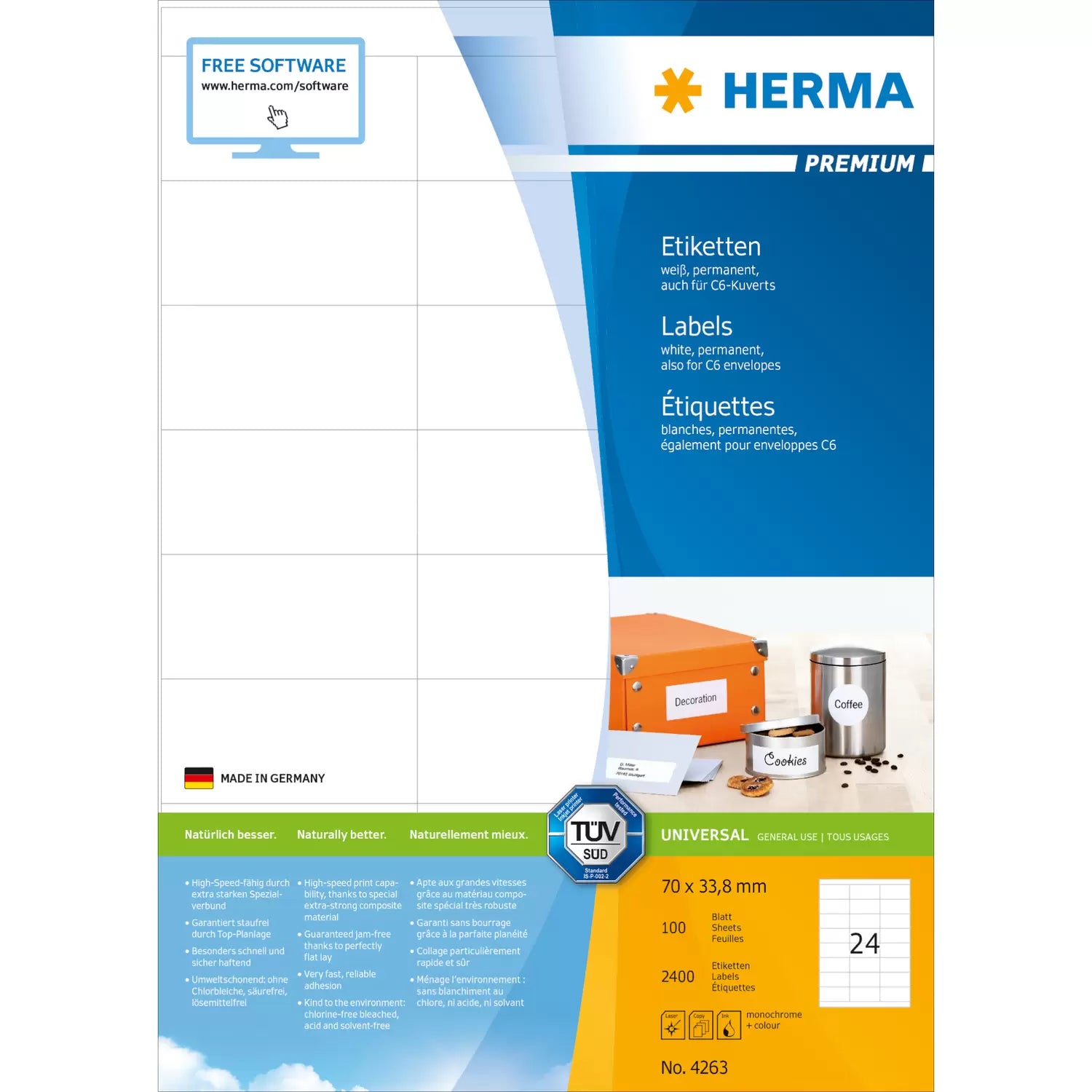 HERMA Drucketiketten, 70 mm × 34 mm, weiss, Papier, permanent, 2400 Etiketten (100 Blätter)