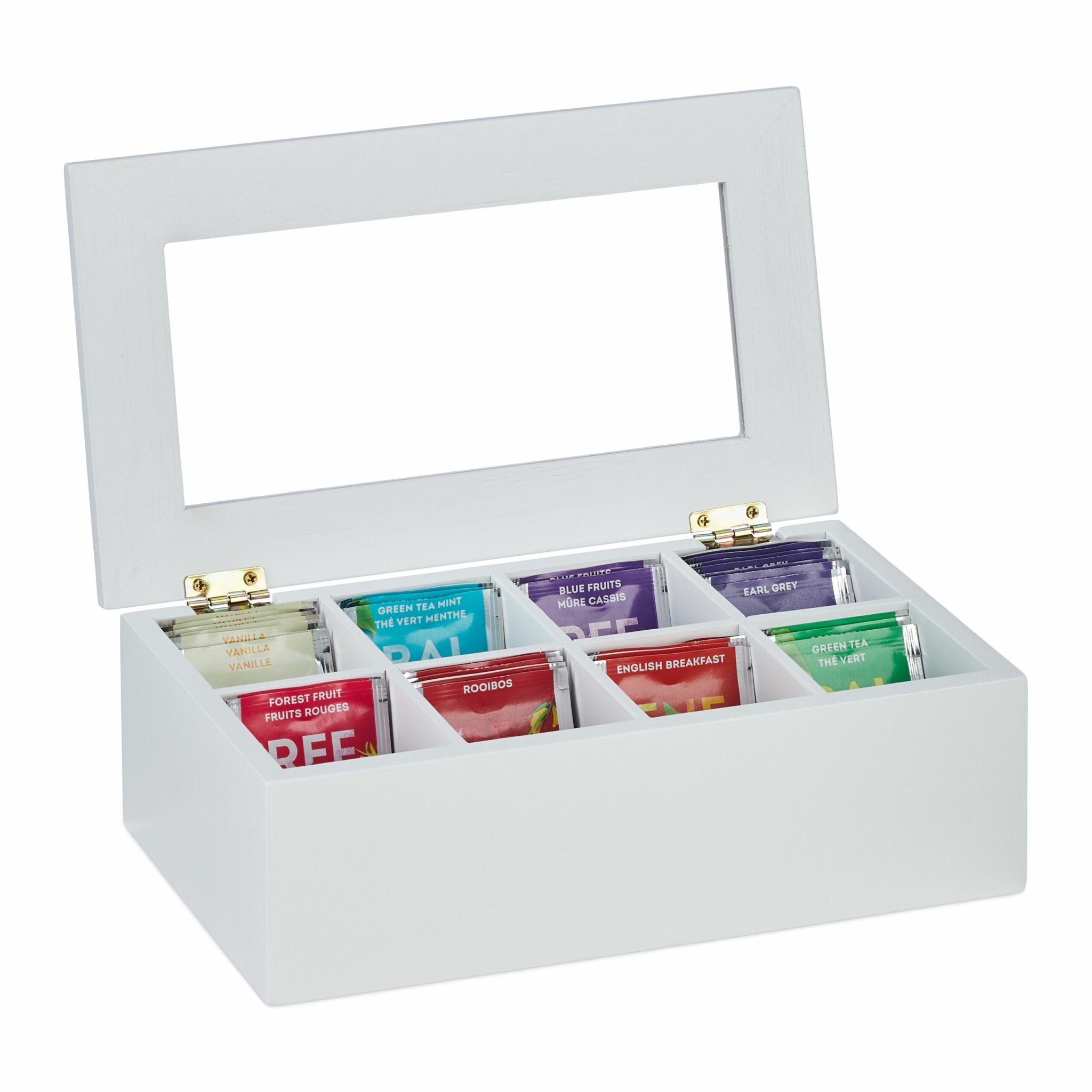Relaxdays Teebeutelbox Bambus/Kunststoff, 8 Fächer, 28 × 16 × 9 cm, Weiss
