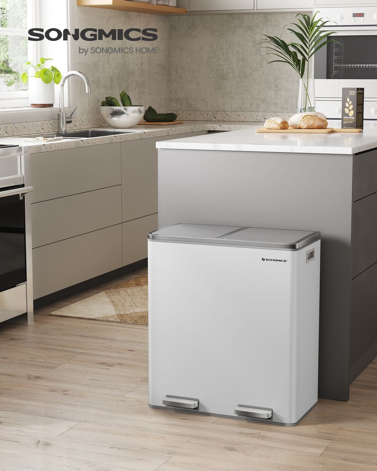 Songmics Systempapierkorb – 30 + 30 l – Stahl, weiss – B × H × T 585 × 650 × 360 mm