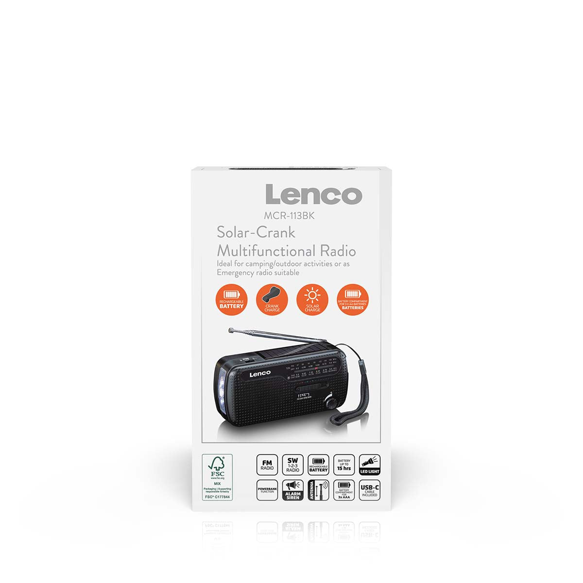Lenco MCR-113BK – Tragbares Radio, UKW, Kurbel/Dynamo, Solar-/USB-C-Ladung, Powerbank, Lampe – Schwarz