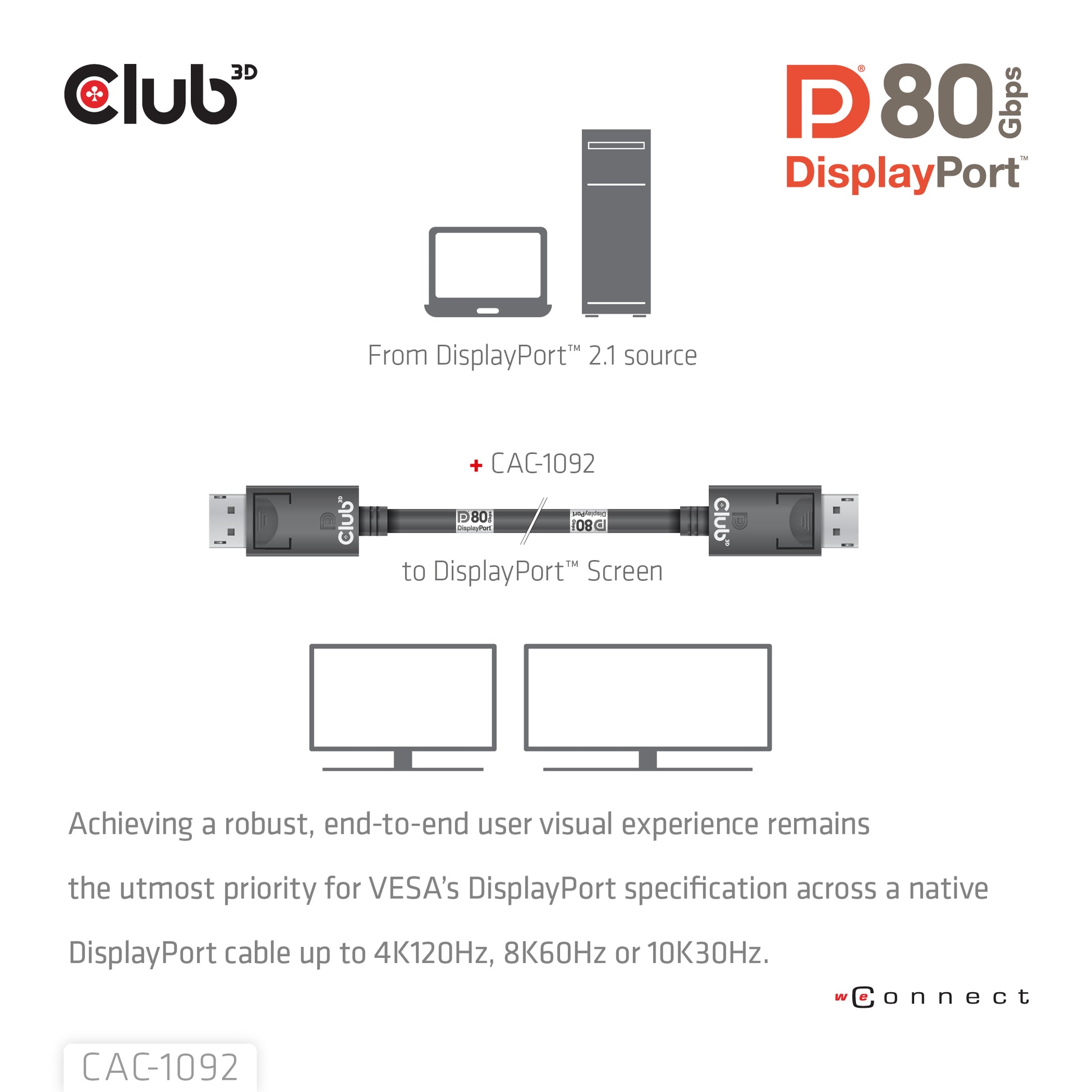 CLUB3D DisplayPort Kabel DP 2.1 10K 60 Hz – 1,6 m