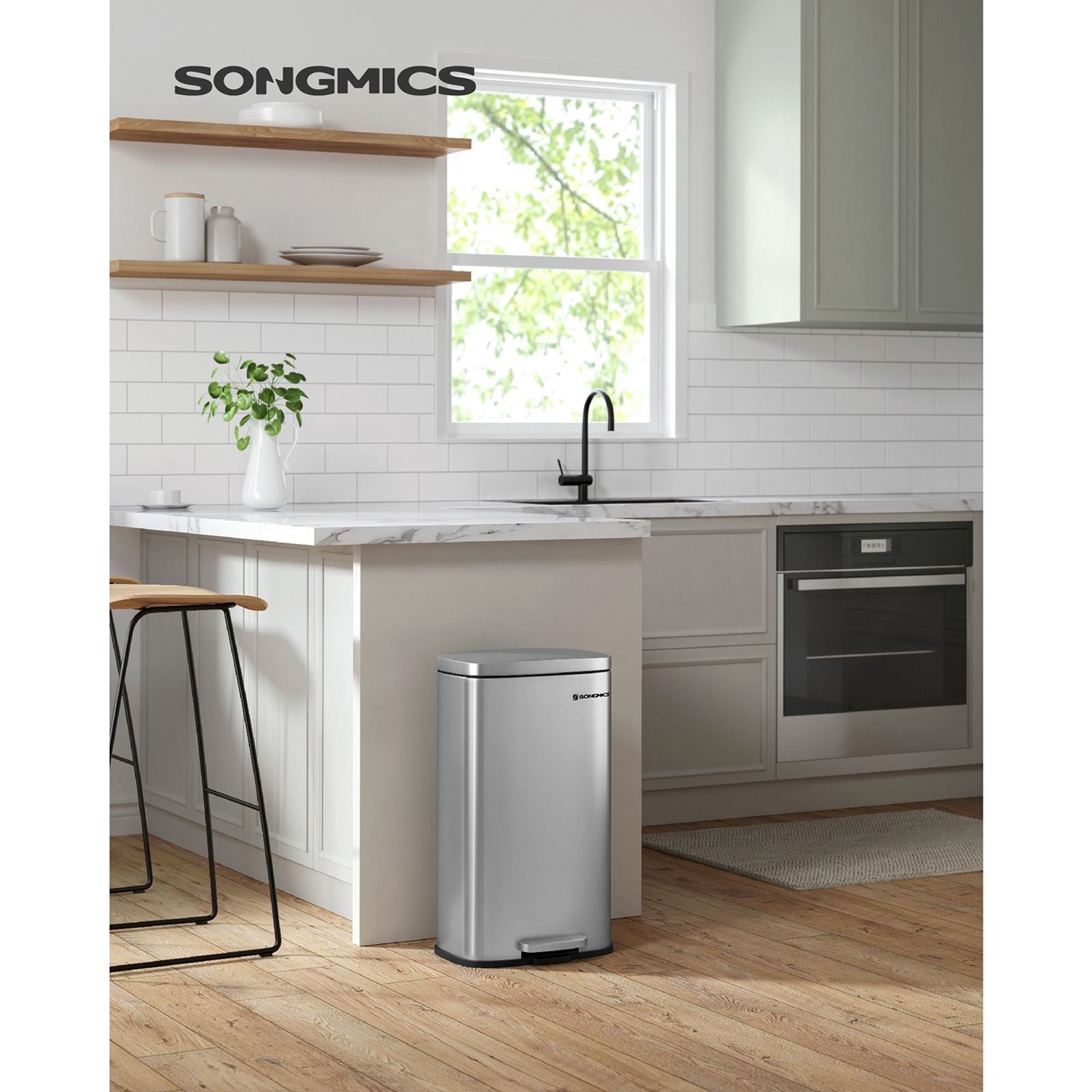 Songmics Papierkorb – 30 l – Stahl, Silber – Ø 350 × H 635 mm