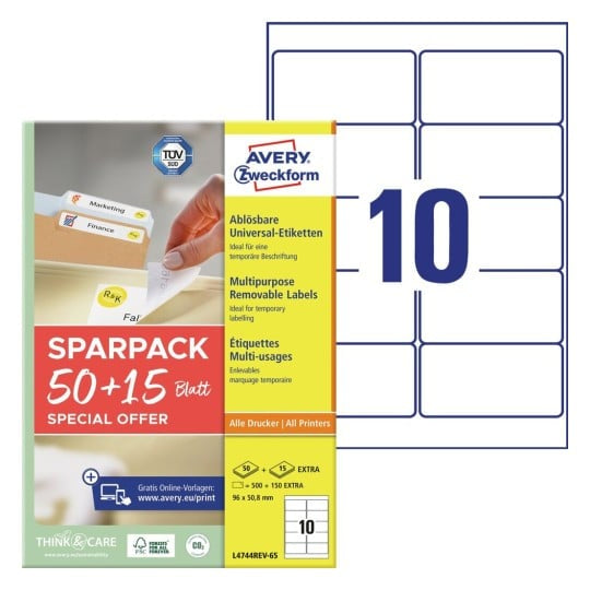 Avery L4744REV-65 – Etiketten A4 95 × 51 mm – Papier, weiss – wiederablösbar – Laser/Inkjet – 65 Blätter