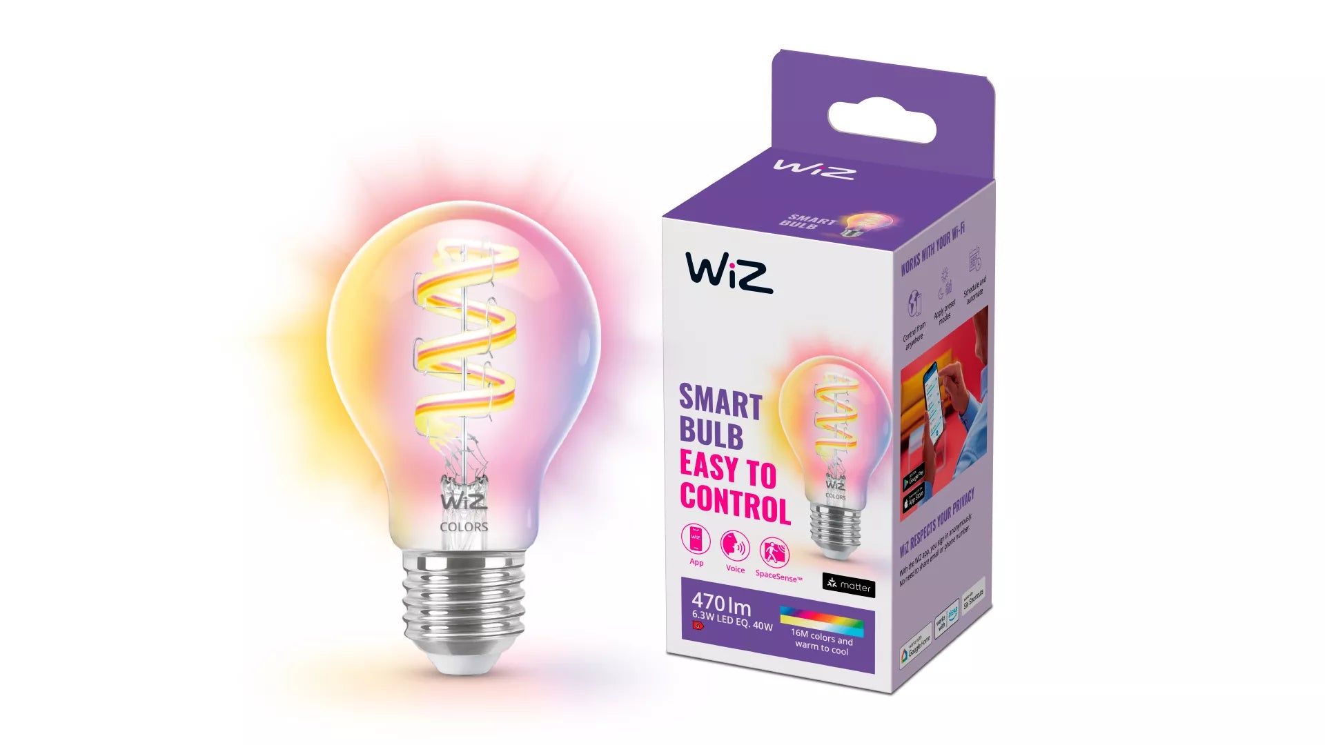 WiZ Smart-Leuchtmittel E27 A60 – RGB+CCT 2200–6500 K, 470 lm, 6,3 W, Matt – für WiZ – 1 Stk.