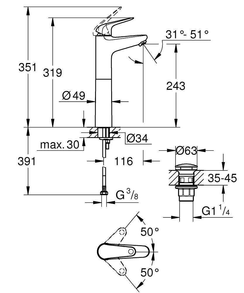 GROHE Swift Einhebelmischer XL – 50 × 116 × 319 mm, Messing, Chrom, Einlochmontage, Hochdruck