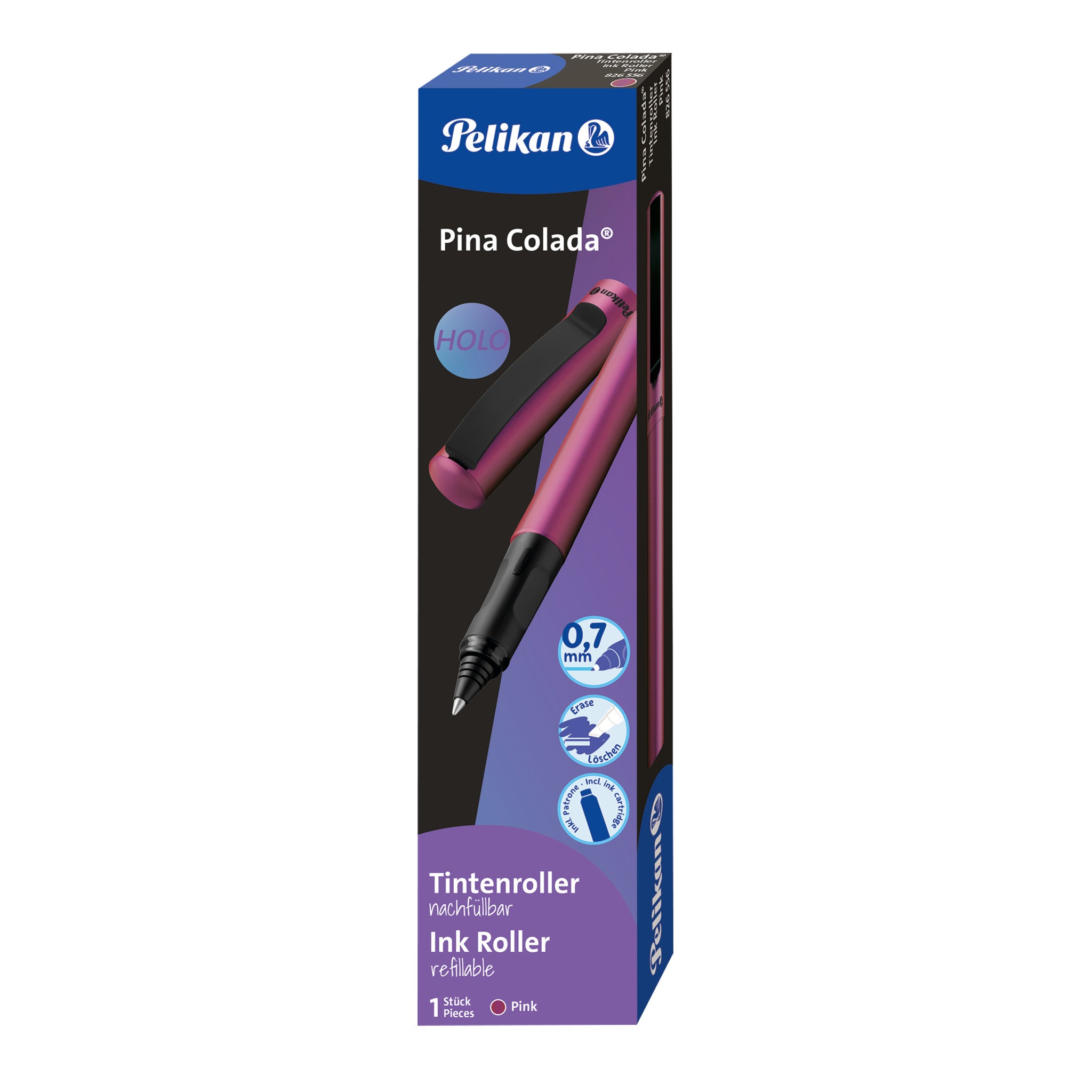 Pelikan Pina Colada Holo – Tintenroller, 0,7 mm, Blau, radierbar, Metall, Pink