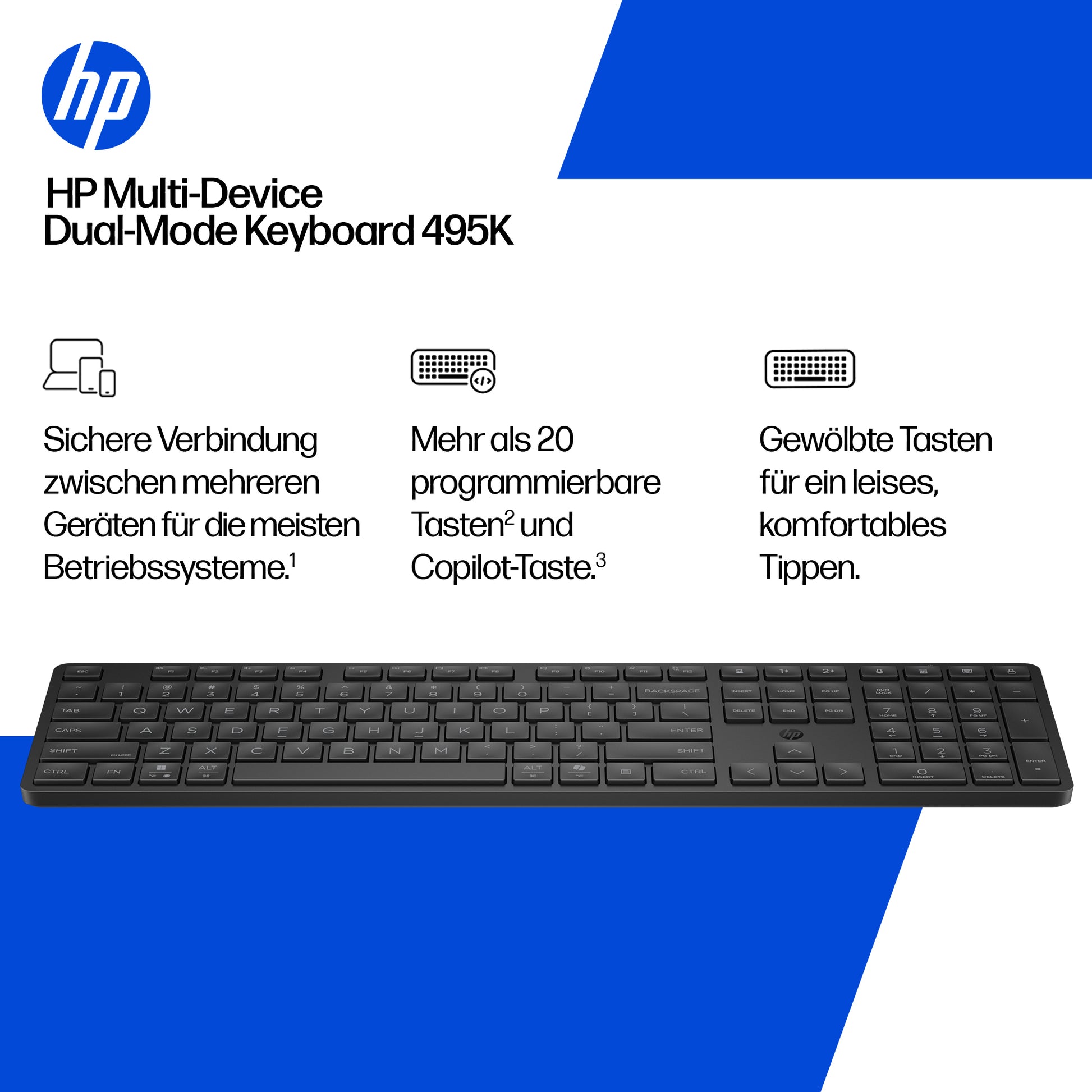 HP 495K – Tastatur – Bluetooth & 2,4 GHz (USB-A Empfänger) – leise Tasten – schwarz