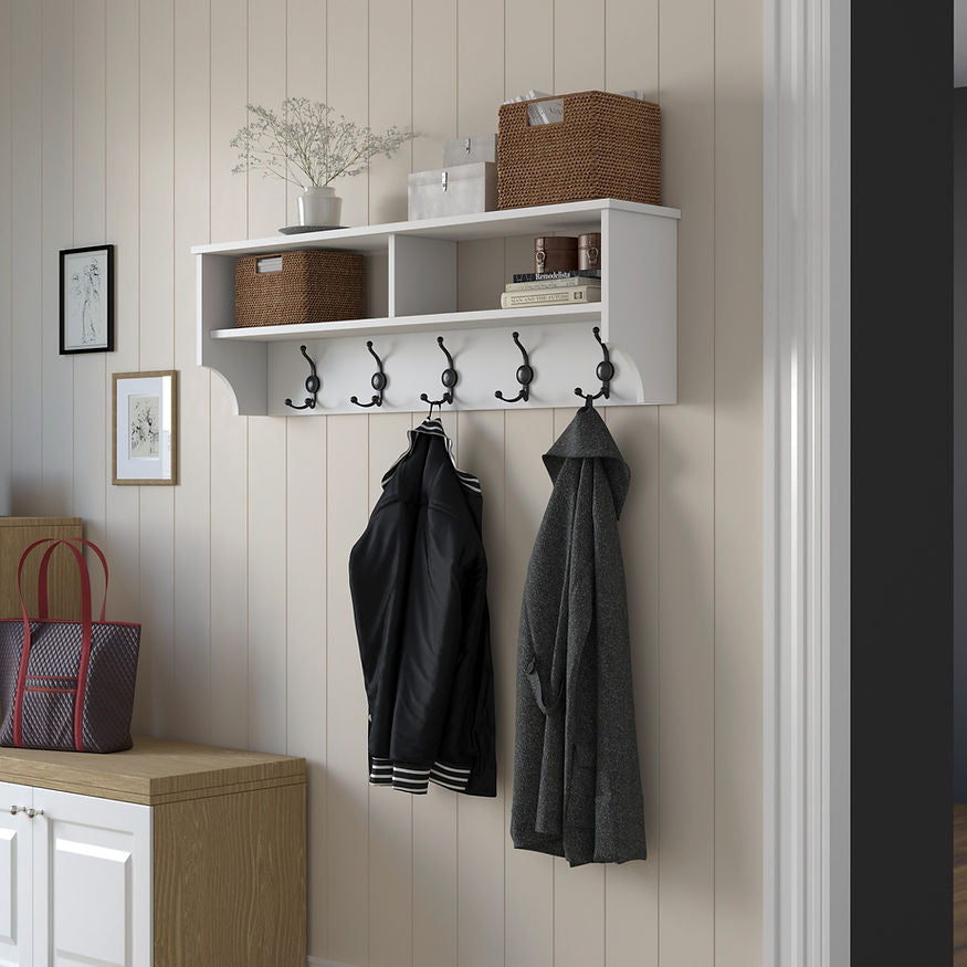 Woody Fashion Wandgarderobe – 5 Haken, Spanplatte, Weiss, 120 × 22,2 × 37,2 cm