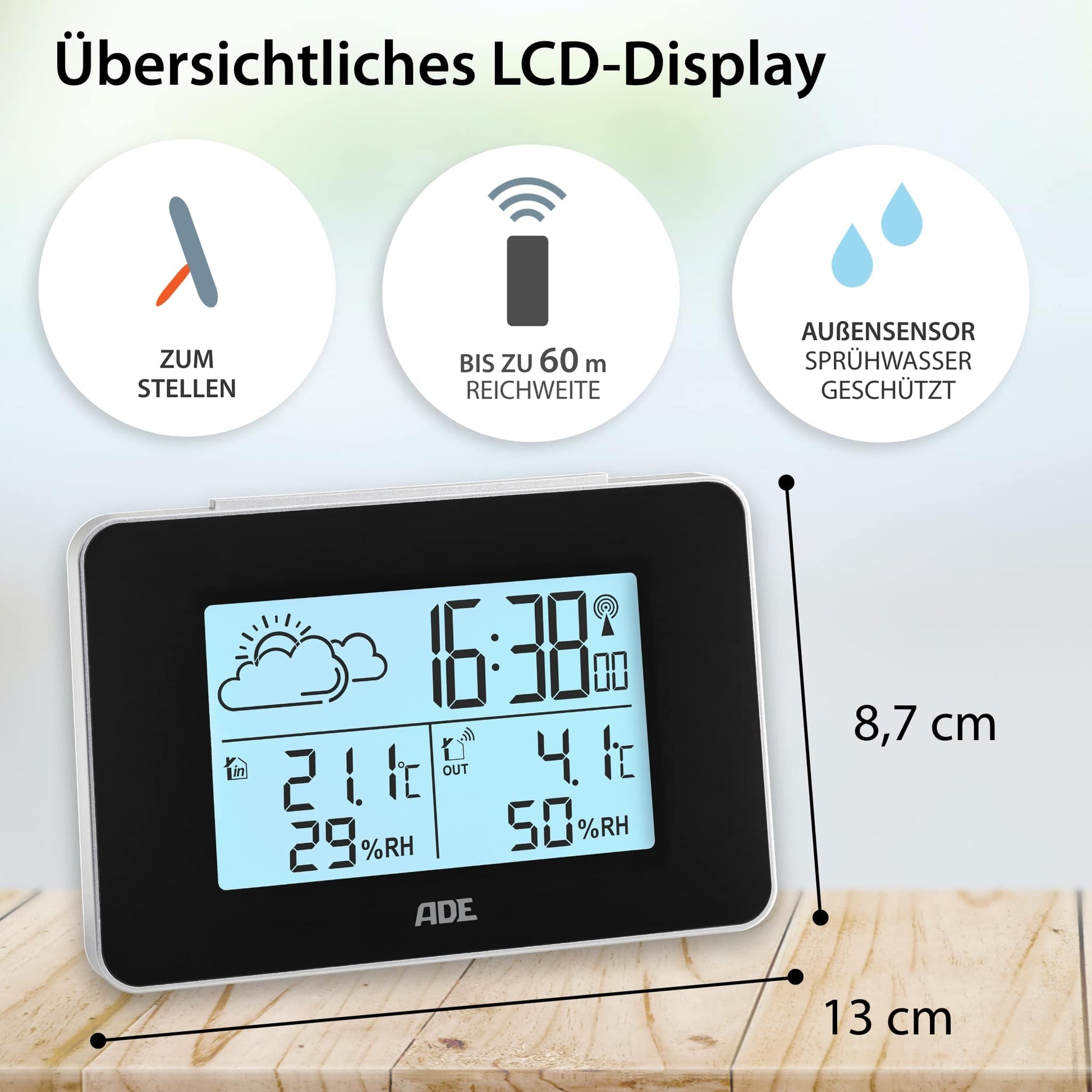 ADE WS2136-1 – Wetterstation, Funk, innen/aussen, Barometer, inkl. Aussensensor – schwarz (2er-Pack)
