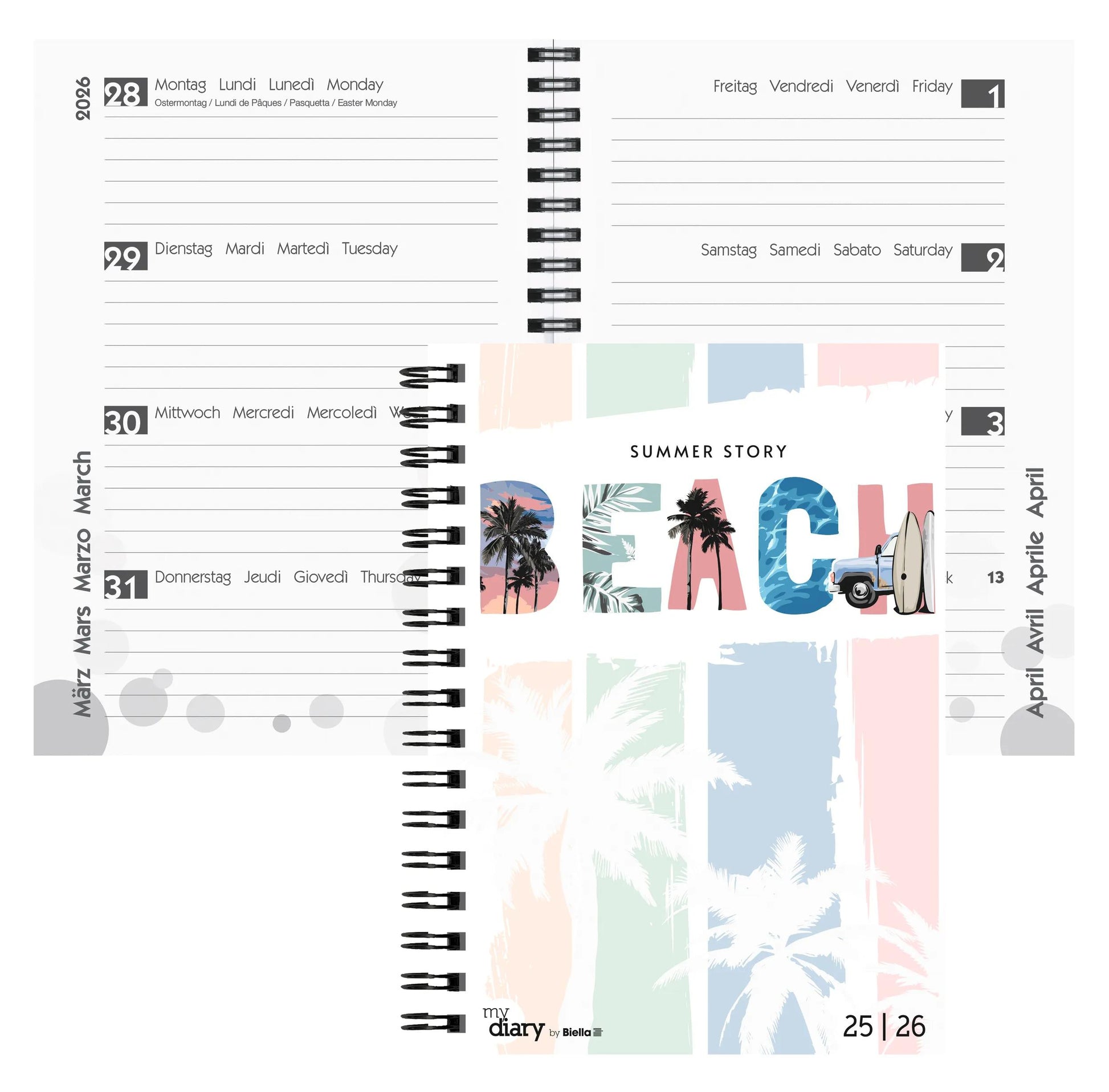 Biella mydiary Schüleragenda – 1 Woche/2 Seiten, Spiralbindung, A5, Aug–Jul, Summer, FSC