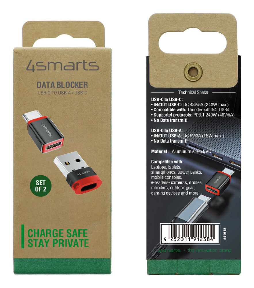 4smarts 541615 Adapter USB-A zu USB-C – Datenblocker, USB 2.0 (480 Mbit/s), 2 Stück, Schwarz