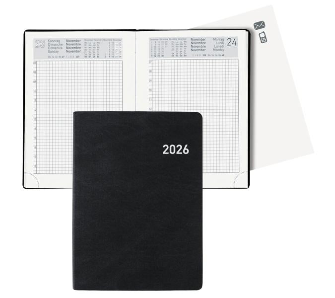 Biella Technikus Agenda – 1 Tag pro Seite, gebunden, 10,1 × 14,2 cm, 2026, 1-Stunden-Takt, schwarz, FSC