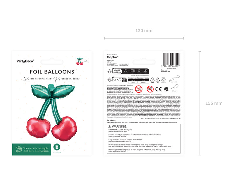 PartyDeco Folienballon Kirsche – mehrfarbig – 28 × 31 cm – Folie – 3 Stk