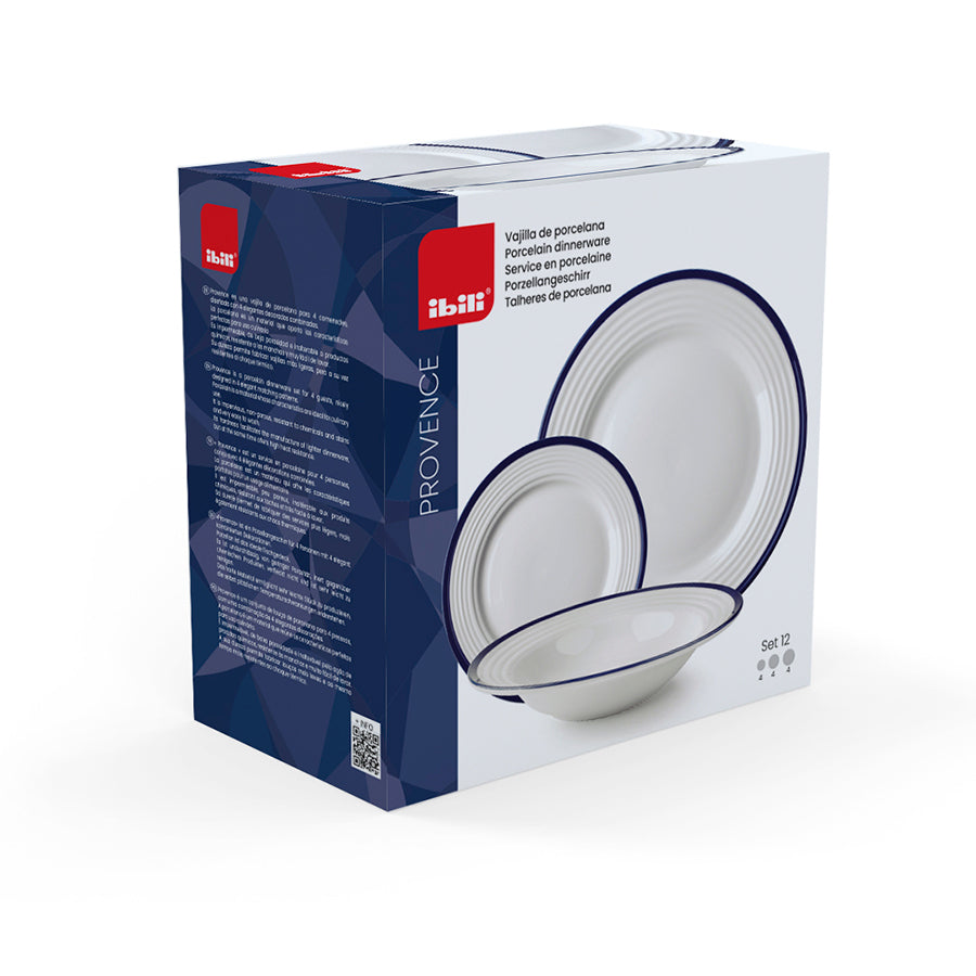 Ibili Speise-Service Provence – Set 12-teilig, Ø 27,1 cm, Porzellan, Blau/Weiss, spülmaschinenfest