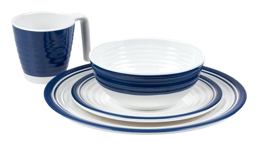 KOOR Geschirrset – 16-teiliges Set, Ø 26,5 cm, Melamin, Blau/Weiss, spülmaschinenfest, BPA-frei