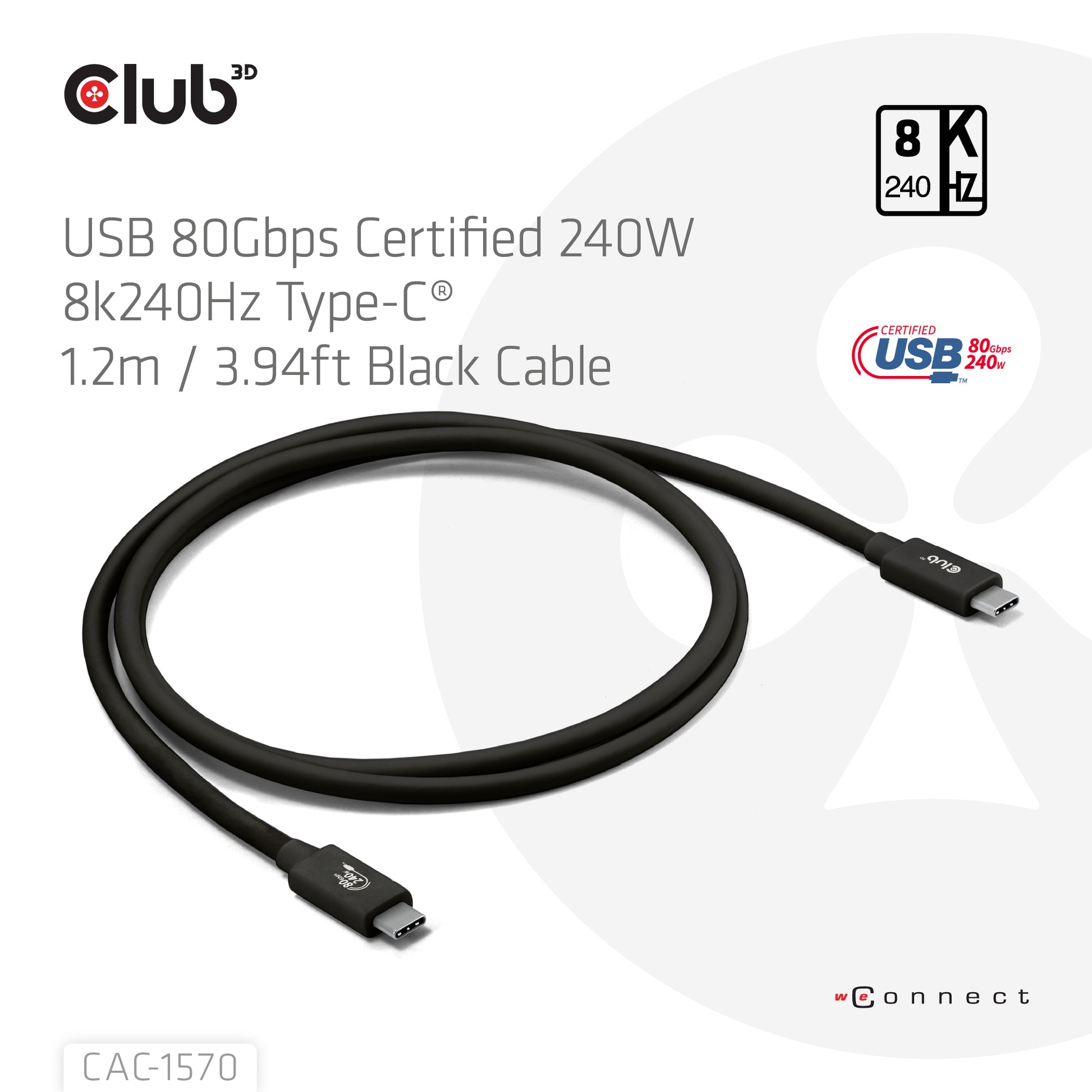 CLUB3D Club 3D – USB-C auf USB-C Kabel – USB4 80 Gbit/s – 1,2 m – PD 240 W – USB-IF zertifiziert – Schwarz