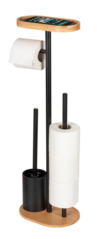 Wenko – WC-Bürstenset – Metall, Bambus, Schwarz, Braun, Bodenstehend, H 70,5 cm