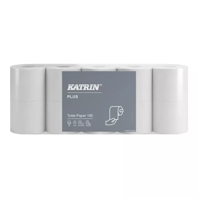 Katrin Plus Toilettenpapier – Zellstoff, 4-lagig, weiss, 180 Blatt/Rolle, 133 × 98 mm – 10 Rollen