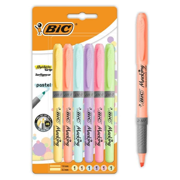 BIC Pastell Textmarker – 6er Set, Farben: Hellblau/Hellgrün/Hellorange …, Keilspitze 1,6–3,3 mm