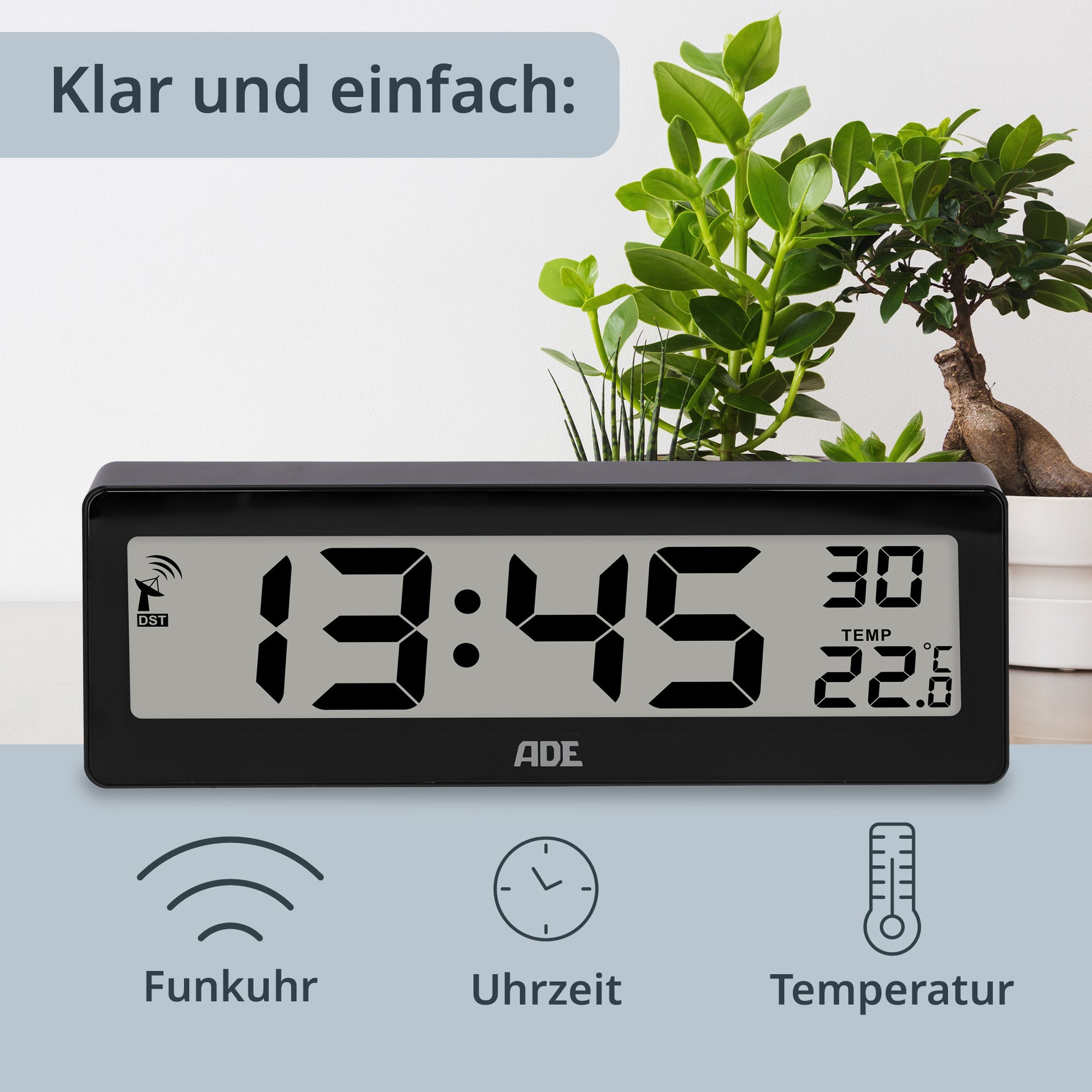 ADE Wecker CK1704-2 – Funk – Digital – 7,2 × 2,2 × 21,6 cm, Schwarz, Thermometer