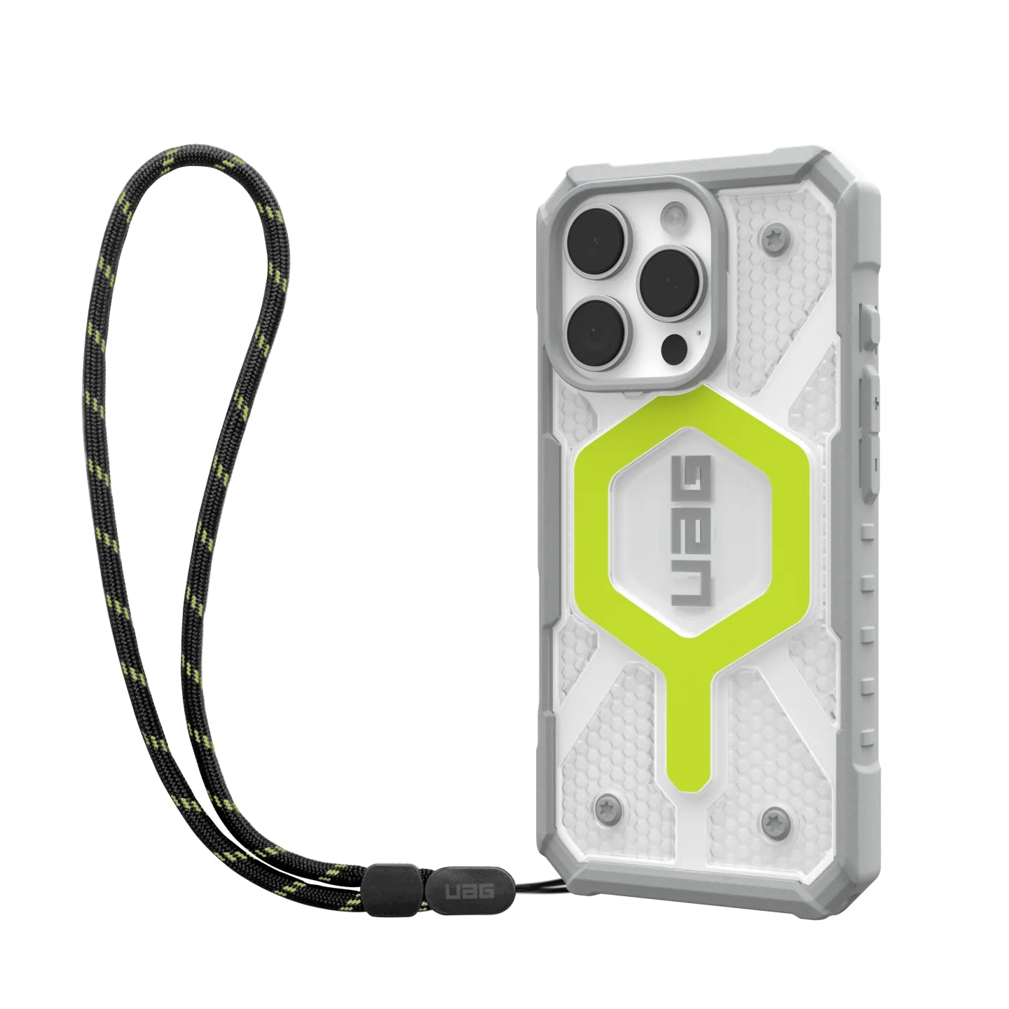 Urban Armor Gear Backcover – für Apple iPhone 16 Pro – transparent/gelb – MagSafe-kompatibel, mit Kordel