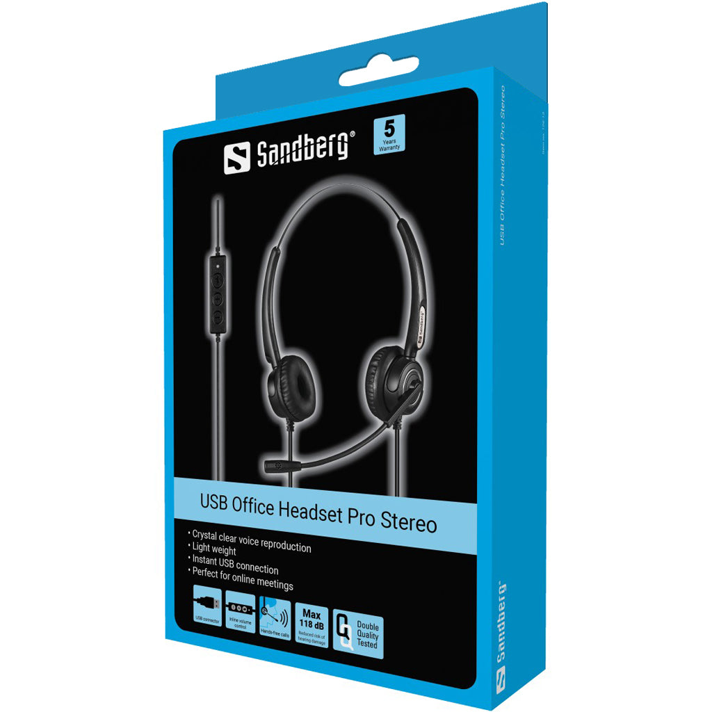 Sandberg USB Office Headset Pro Stereo – Duo Headset – USB‑A, Boom-Mikrofon – Schwarz – für PC/Mac