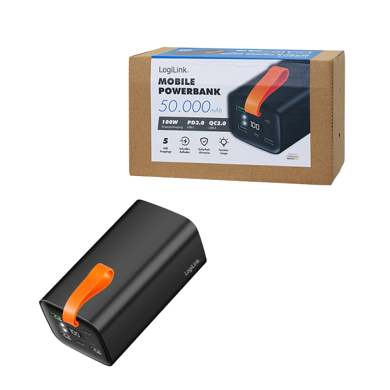 LogiLink Powerbank 50'000 mAh – 100 W PD, 2× USB-C, 3× USB-A, schwarz