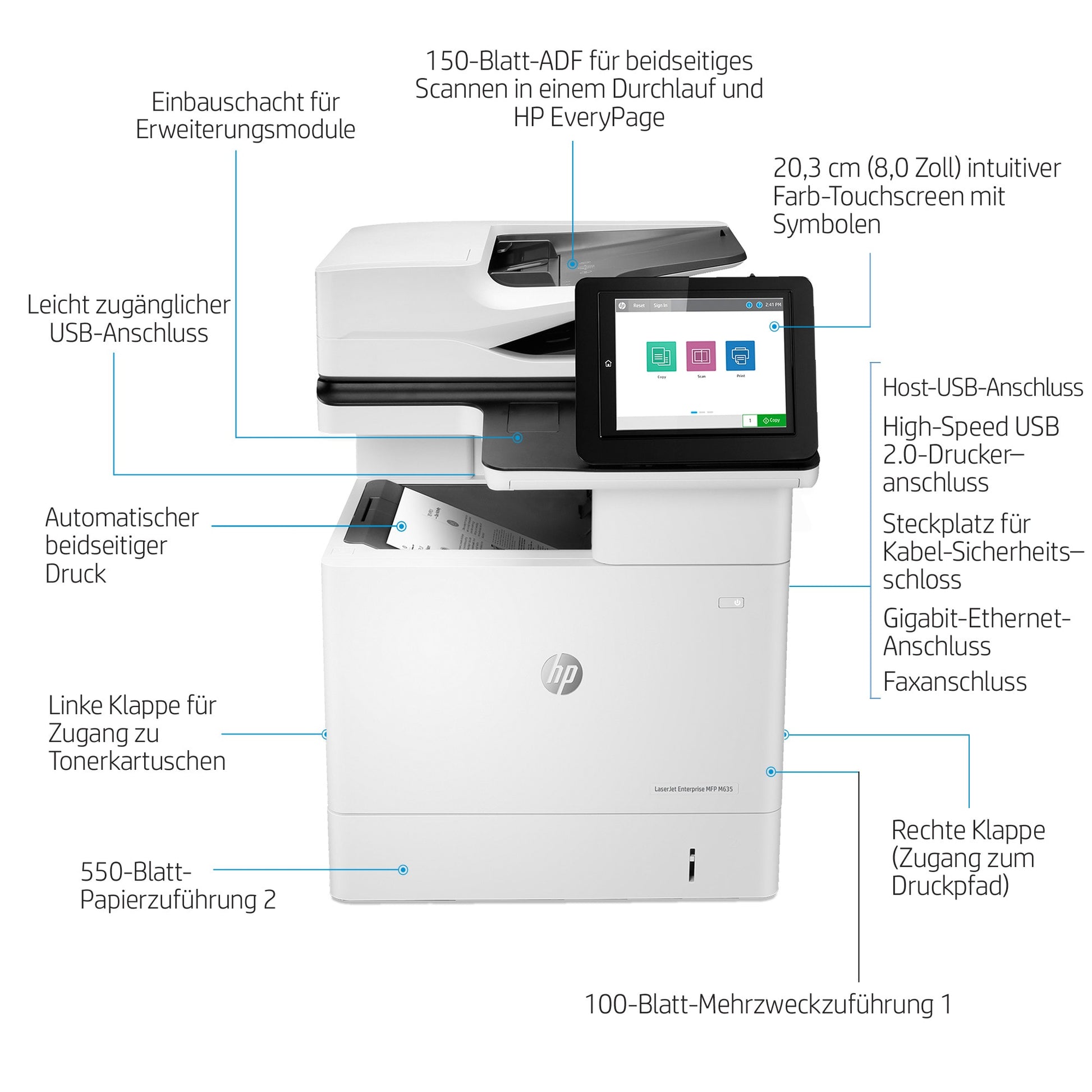 HP LaserJet Enterprise M635h – S/W Laser-MFP A4, 3-in-1 – USB/LAN/WLAN – Duplex, Duplex-ADF – 61 ppm S/W