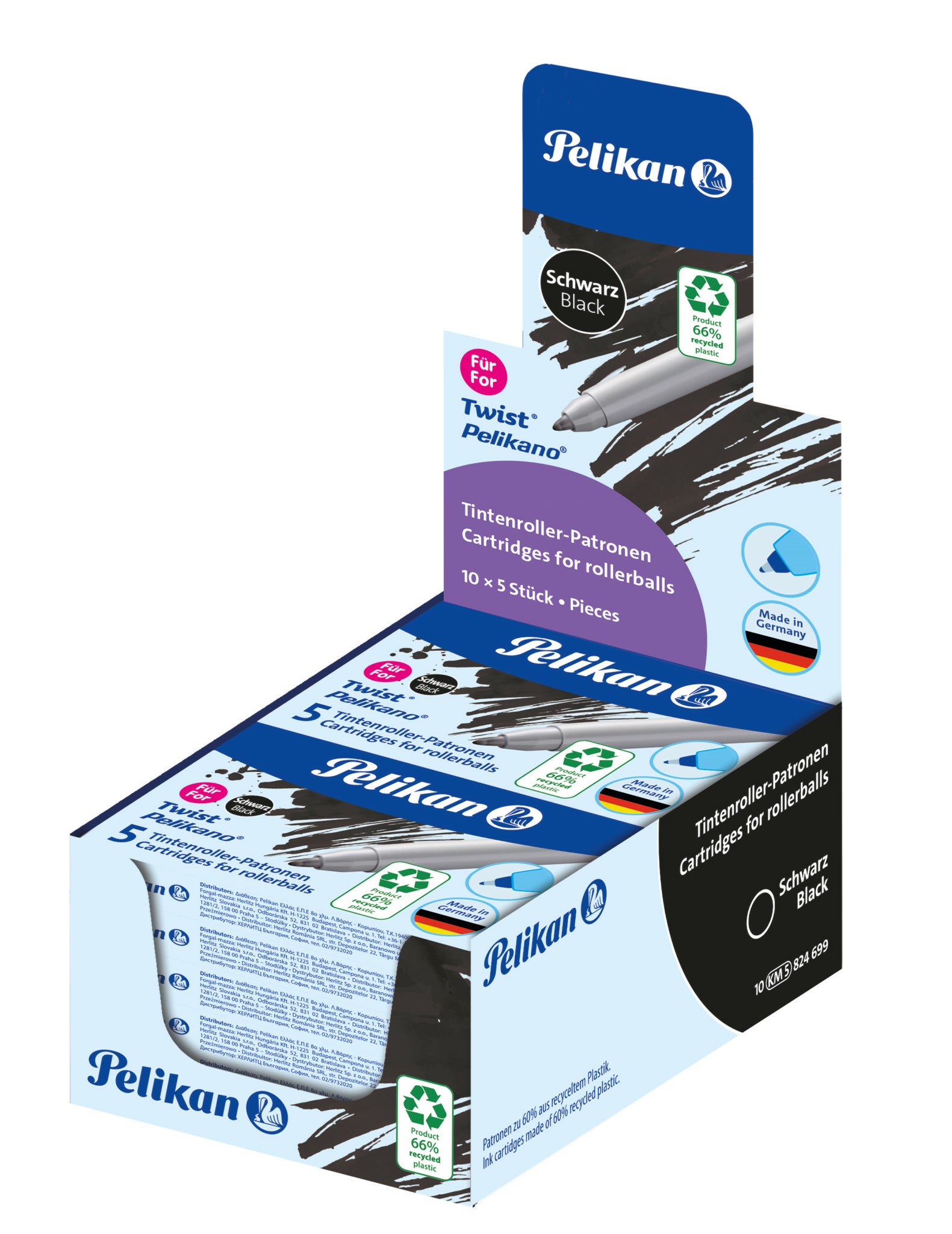 Pelikan ECO 824699 Rollerpatrone – Schwarz, für Pelikan Tintenroller Twist, 5er-Pack