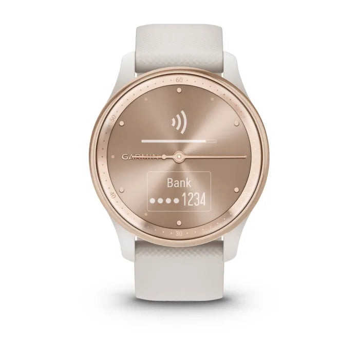 Garmin vivomove Trend – Smartwatch – 40 mm, GPS, Bluetooth, NFC, LCD, 5 ATM, Pfirsichgold, Weiss, Sportarmband