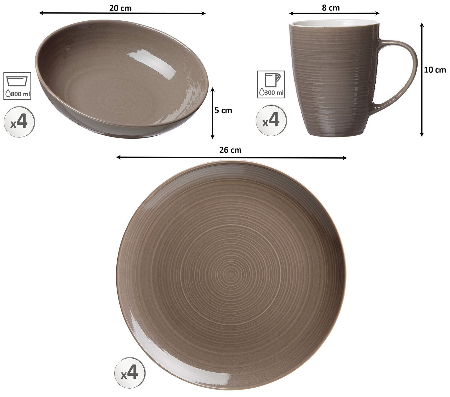 Ritzenhoff & Breker Speise-Service Suomi – 12-teiliges Set, Ø 26 cm, Porzellan, Taupe, spülmaschinenfest