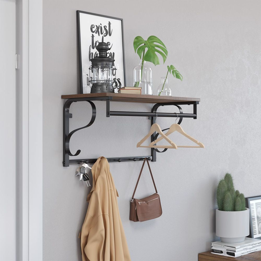 Vasagle Wandgarderobe – 5 Haken, MDF/Edelstahl, Braun, 60 × 30 × 31,7 cm