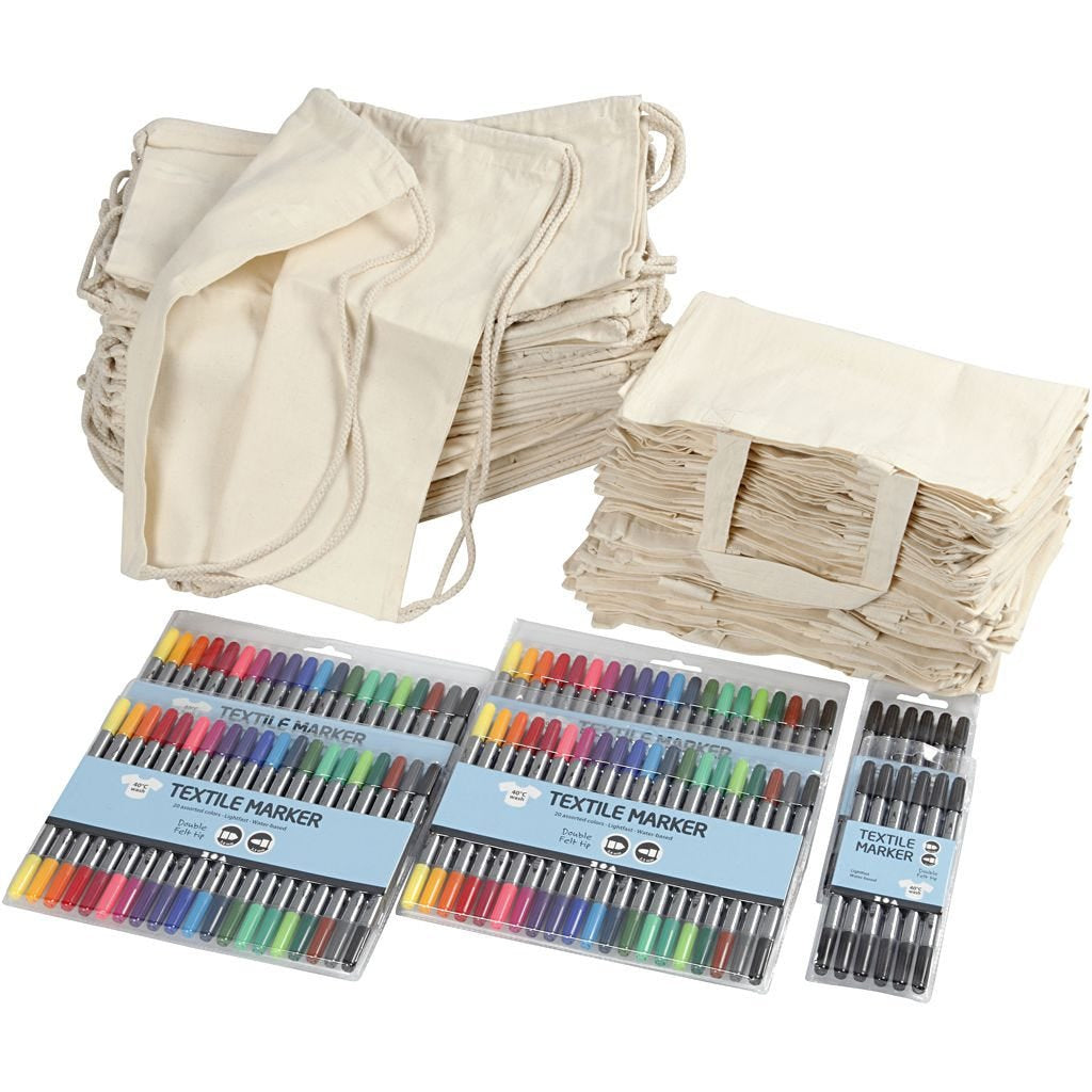Creativ Company Textilset – Stofftasche & Turnbeutel, Baumwolle, Weiss – inkl. Stifte