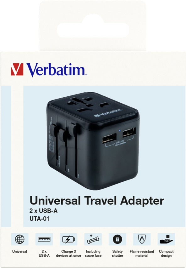 Verbatim UTA-01 Reiseadapter – Universalstecker zu Universalbuchse, 100–250 V, 2500 W, 2× USB 2,4 A