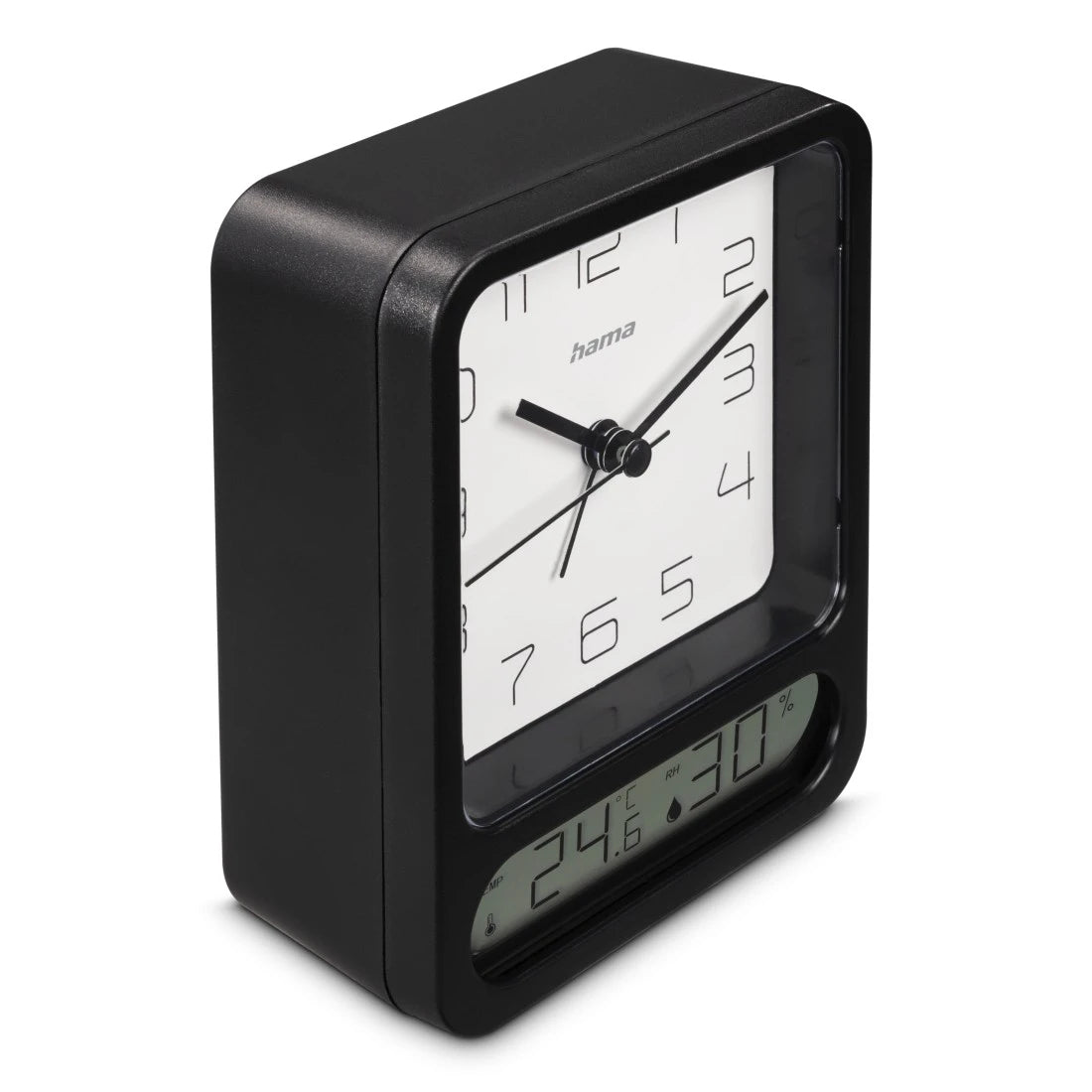 Hama Pag Quarz-Wecker – Analog, lautlos, Thermometer/Hygrometer, 9,5 × 12,5 × 4,9 cm, schwarz