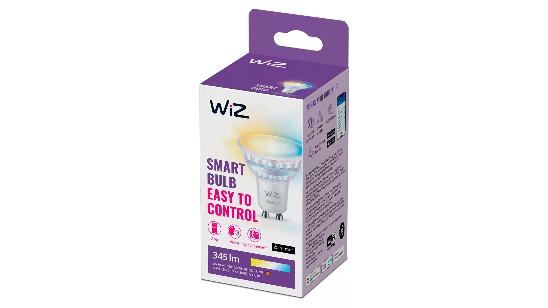 WiZ Smart-Leuchtmittel GU10 PAR16 – Einstellbares Weiss 2700–6500 K, 345 lm, 4,7 W, Matt, WLAN/Bluetooth – 1 Stk.