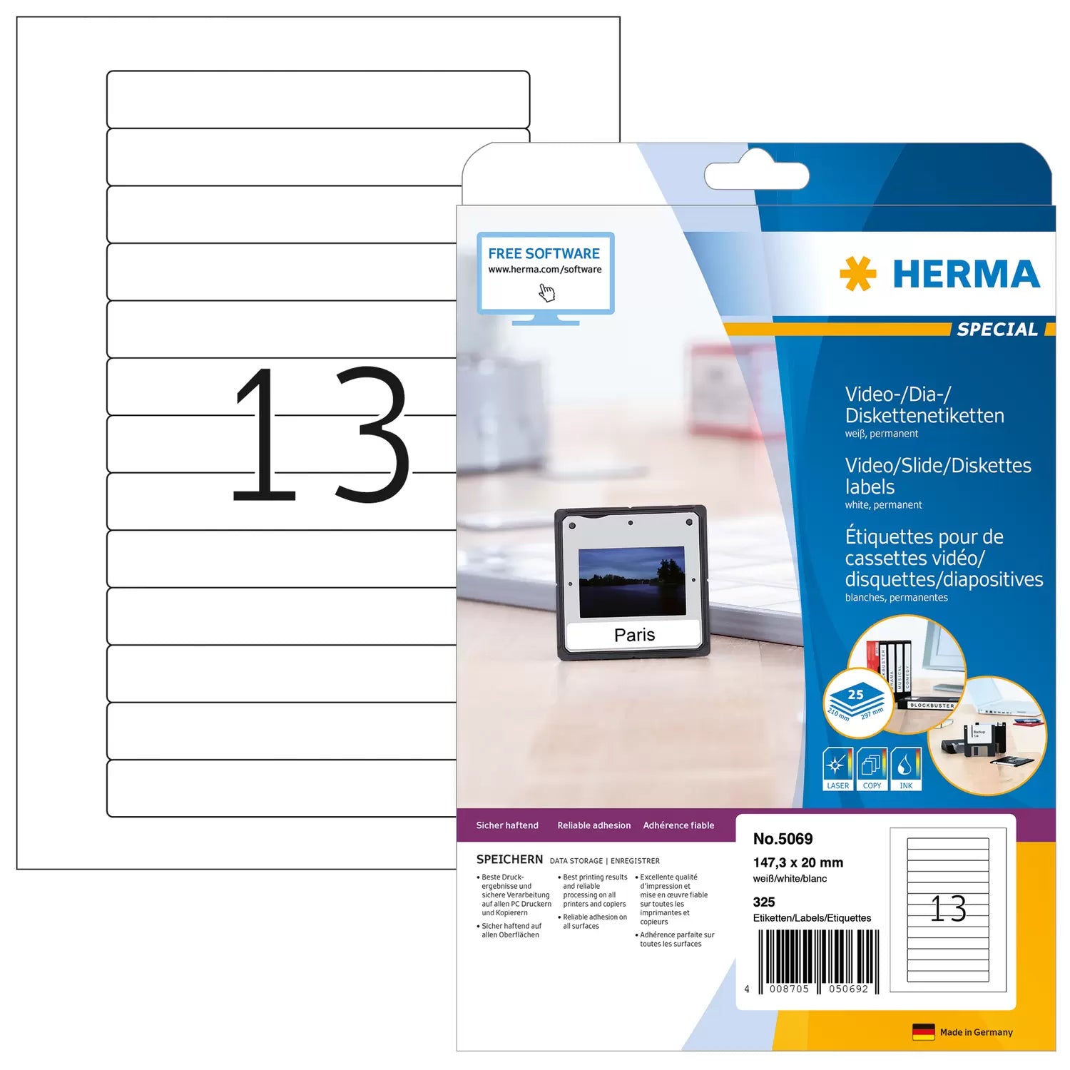 HERMA Druckeretiketten, 147 mm × 20 mm, weiss, permanent, für Video-VHS (Rücken), 25 Blatt (325 Etiketten)