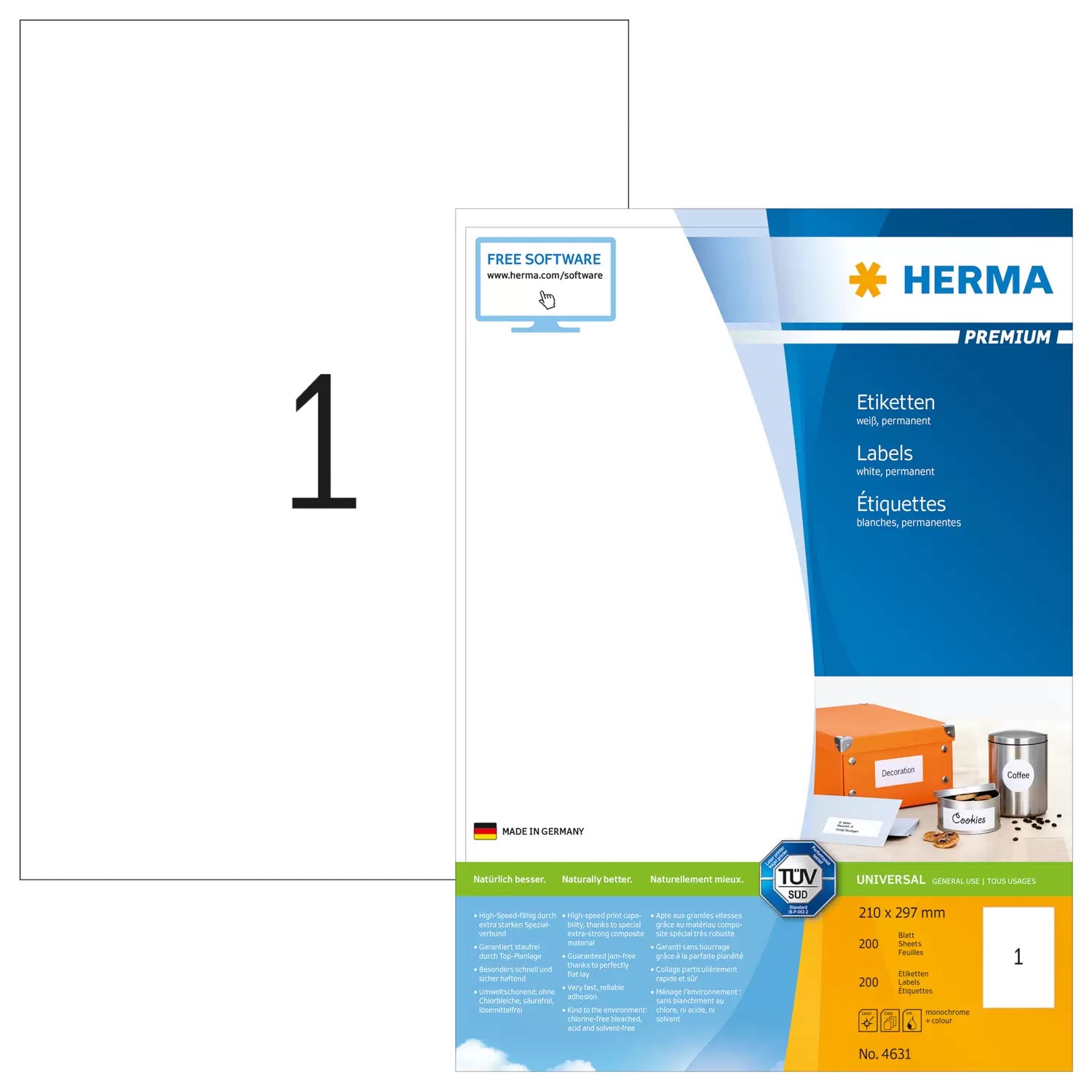 HERMA Etiketten, 210 mm × 297 mm, weiss, Papier, permanent, 200 Blatt