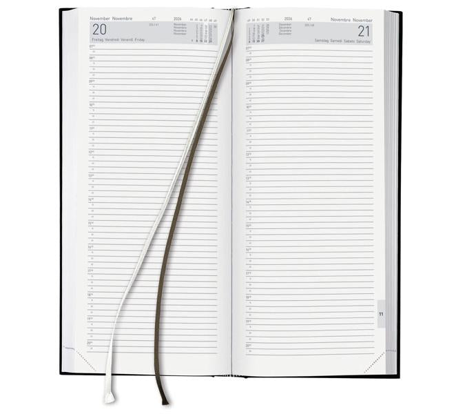 Biella Le Jour Agenda – 1 Tag pro Seite, gebunden, 13,5 × 31,5 cm, 2026, 1/4-Stunden-Takt, Dunkelblau, FSC