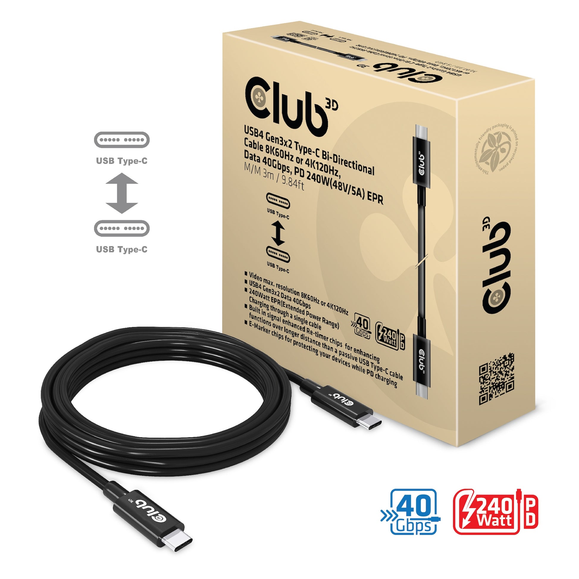CLUB3D USB-Kabel, USB-C zu USB-C, 3 m, USB4, Lade-/Datenkabel