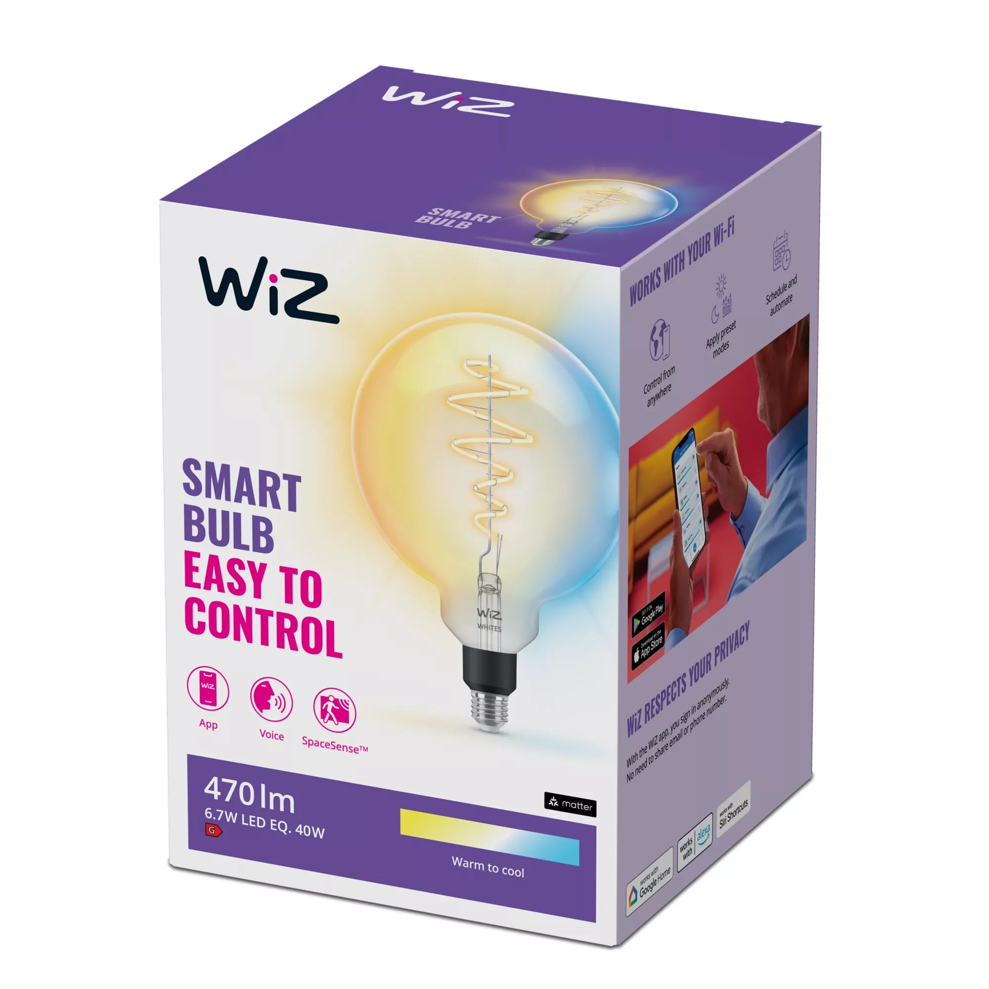 WiZ LED-Leuchtmittel G200 E27 – 6,7 W dimmbar, 470 lm, 2700–6500 K, für Matter und WLAN, klar