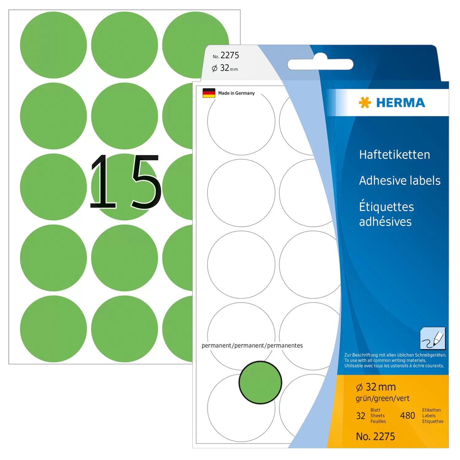 HERMA Schmucketiketten – Papier, 480 Stk, 32 Bogen, Ø 32 mm, permanent haftend