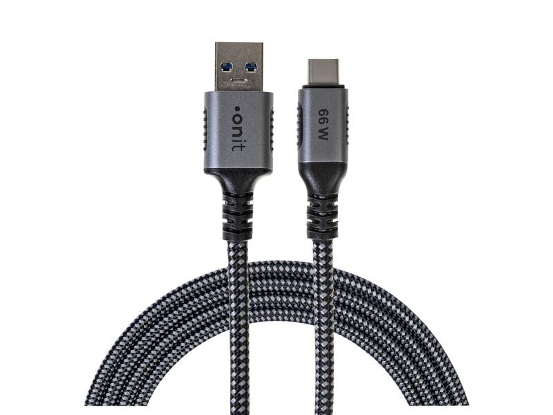 ONIT USB-A auf USB-C Kabel – USB 3.2 Gen 2 (10 Gbit/s) – 2 m – PD 66 W – Textilmantel – Schwarz/Grau