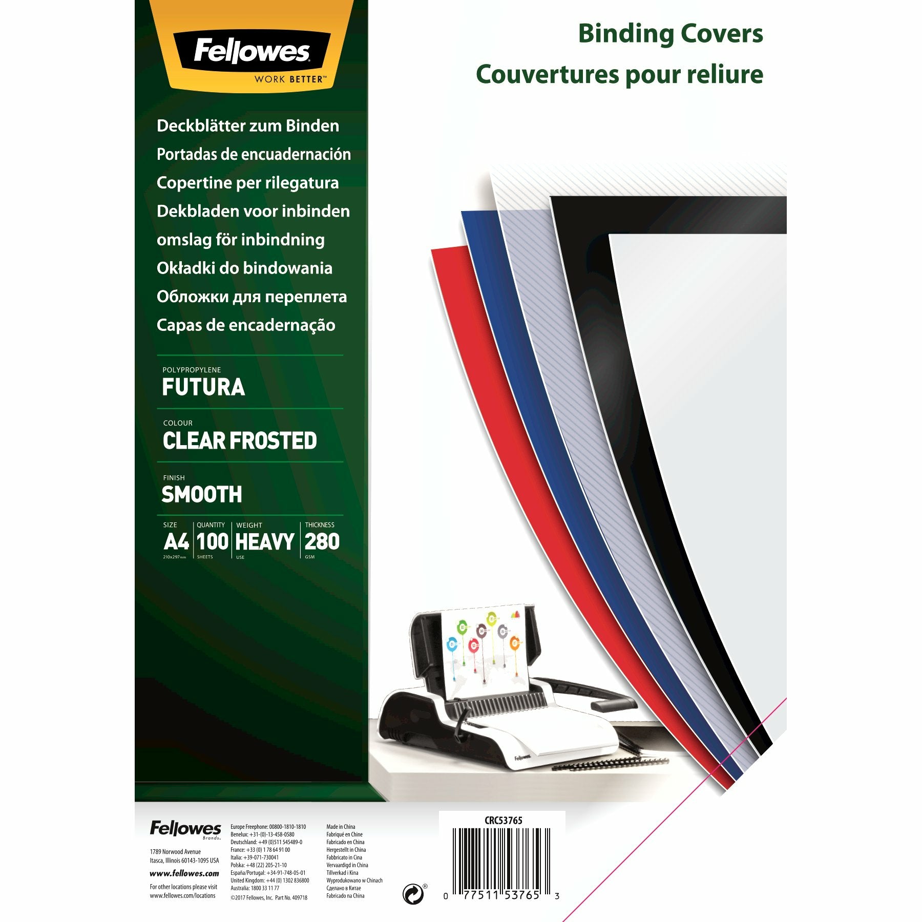 Fellowes Futura Einbandfolie – A4 – 280 µm, PP, transparent – 100 Stk.