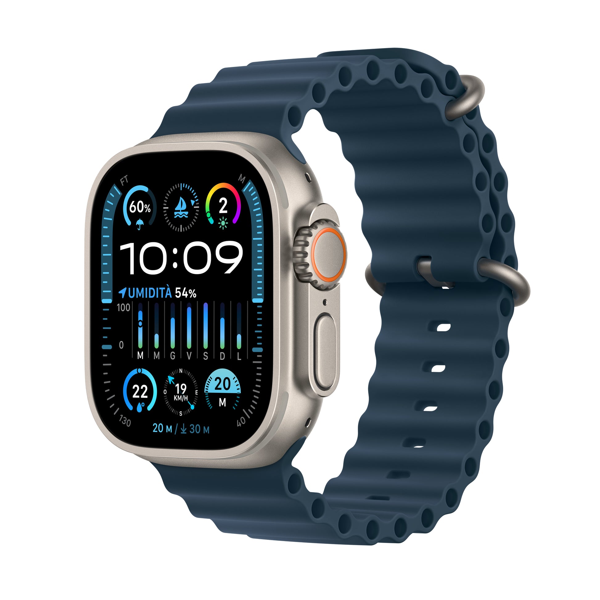 Apple Watch Ultra 2 – Smartwatch – 49 mm, LTE, OLED, Saphirglas, 100 m, Titan, Blue Ocean-Armband