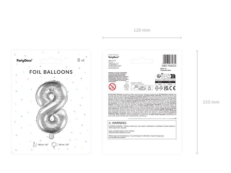 PartyDeco Folienballon Zahl 8 – Silber – 35 cm – Folie – 1 Stk