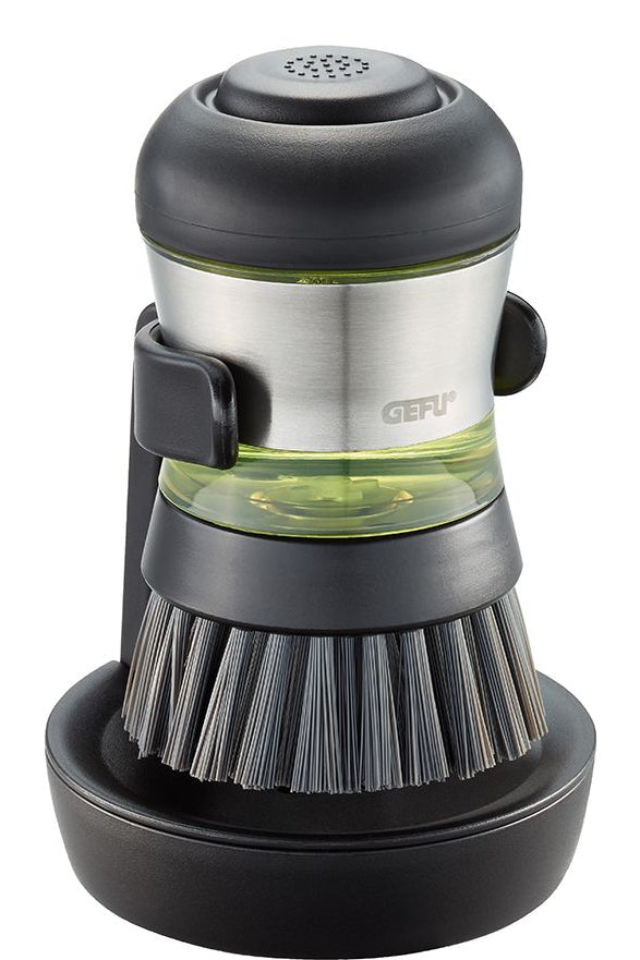 GEFU SWIFT Abwaschbürste – Kunststoff, Edelstahl, 12 cm, Schwarz, mit integriertem Seifenspender (50 ml)
