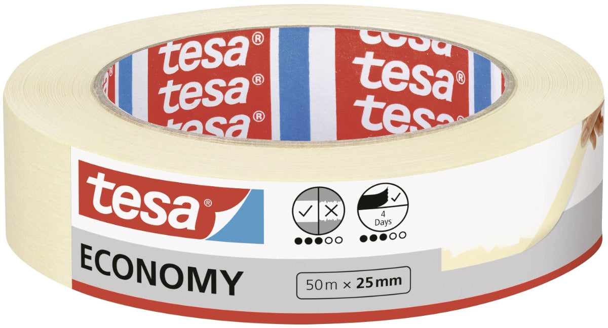 tesa Krepp-Abdeckband – 25 mm × 50 m, beige, für Innenbereich, Papier, rückstandsfrei bis 3 Tagen