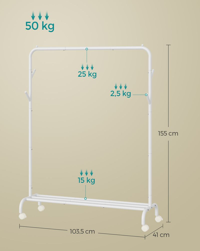 Songmics HSR131W01 Garderobenständer (4 Haken, mit Rollen) – Stahl – Weiss – 1550 mm