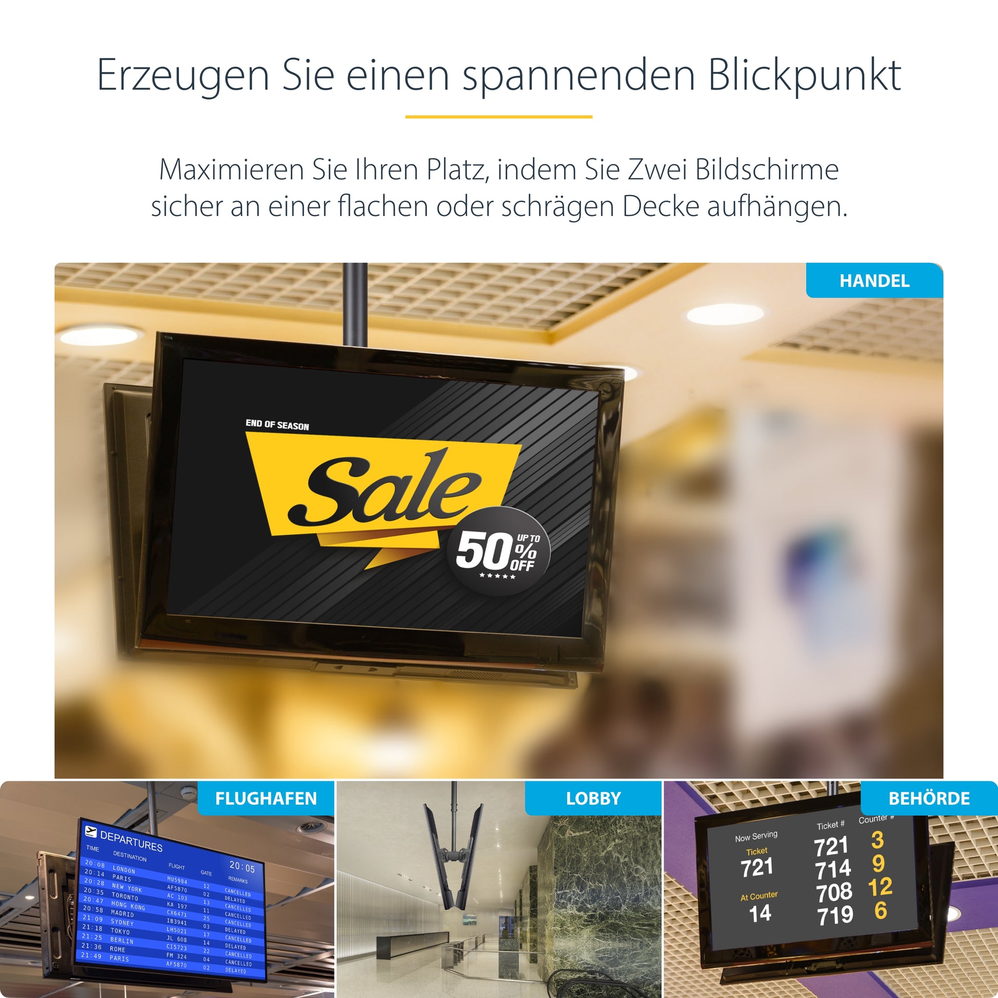 StarTech.com Deckenhalterung – Rücken an Rücken – 32–75" – VESA 200×200–600×400 – bis 90 kg, Teleskopmast